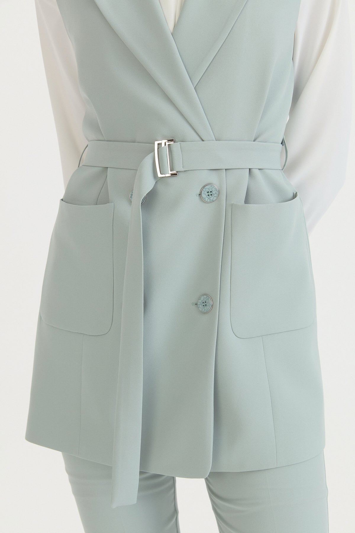 Kuşaklı Blazer Yelek - Aqua