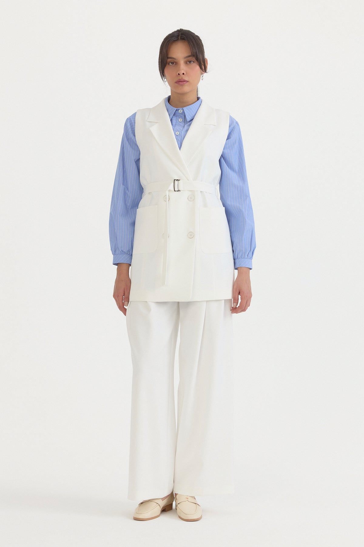 Kuşaklı Blazer Yelek - Ekru