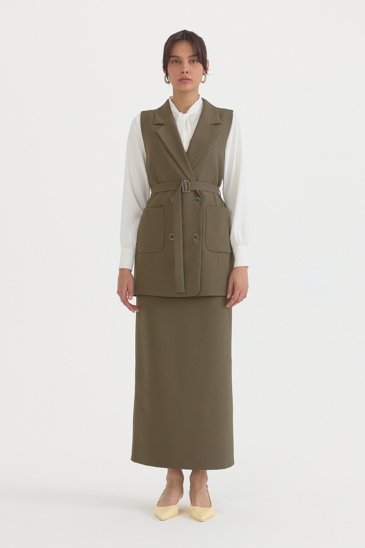 Kuşaklı Blazer Yelek - Haki