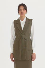 Kuşaklı Blazer Yelek - Haki