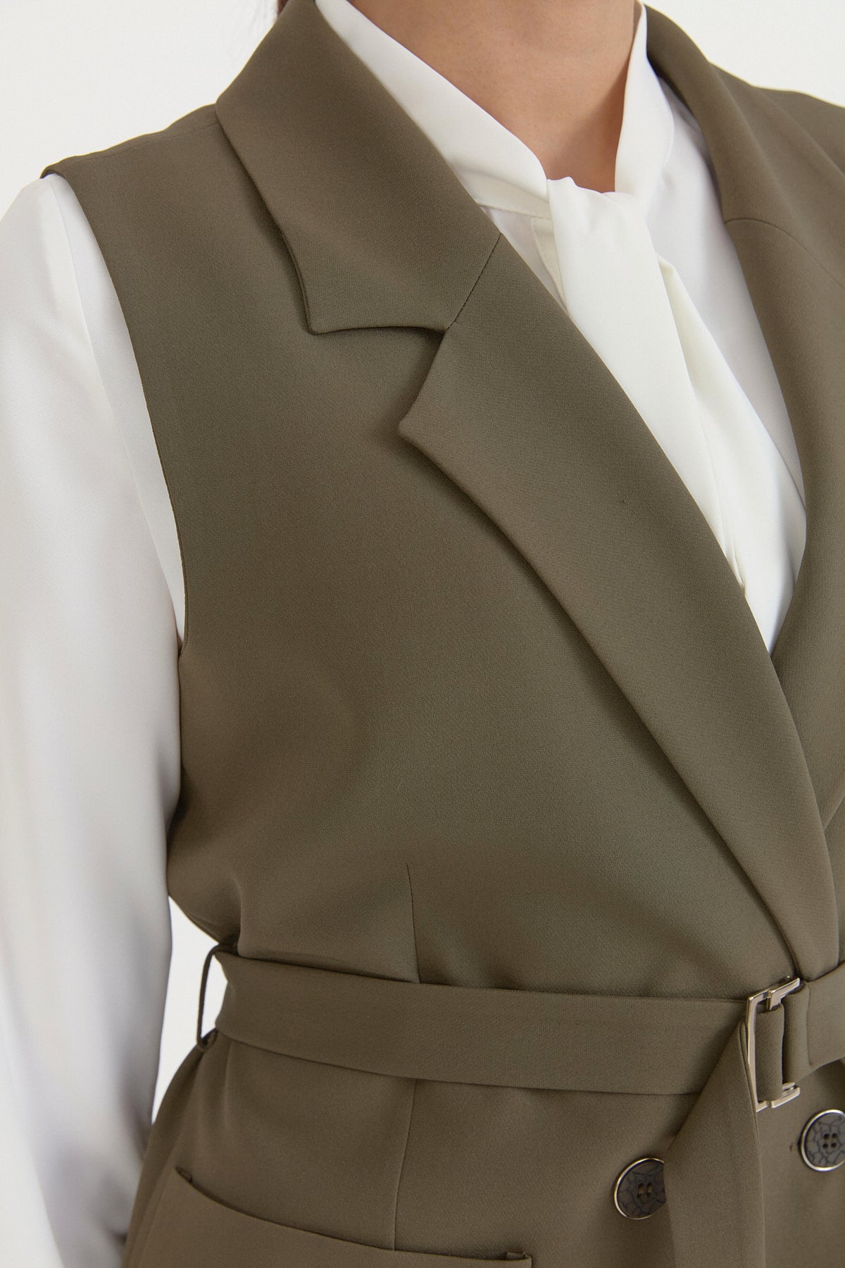 Kuşaklı Blazer Yelek - Haki