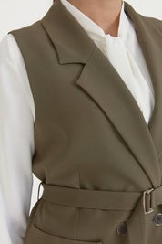 Kuşaklı Blazer Yelek - Haki