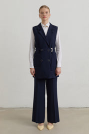 Belted Basic Blazer Vest - Navy Blue