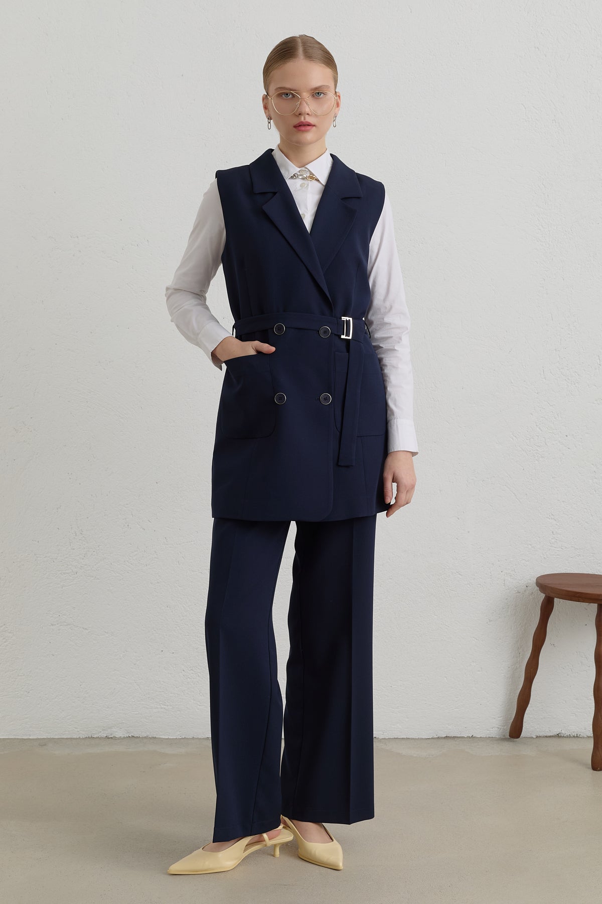 Belted Basic Blazer Vest - Navy Blue