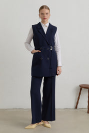 Belted Basic Blazer Vest - Navy Blue
