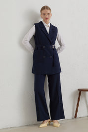 Belted Basic Blazer Vest - Navy Blue
