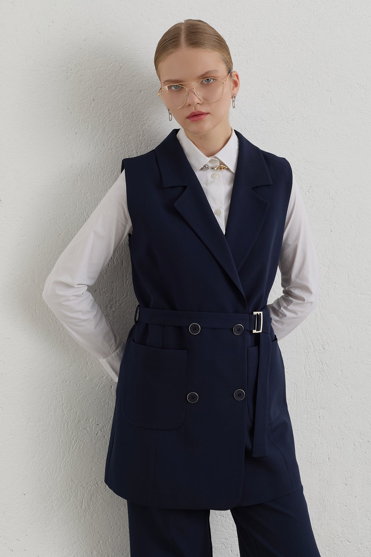 Belted Basic Blazer Vest - Navy Blue