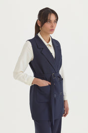 Kuşaklı Blazer Yelek - Lacivert