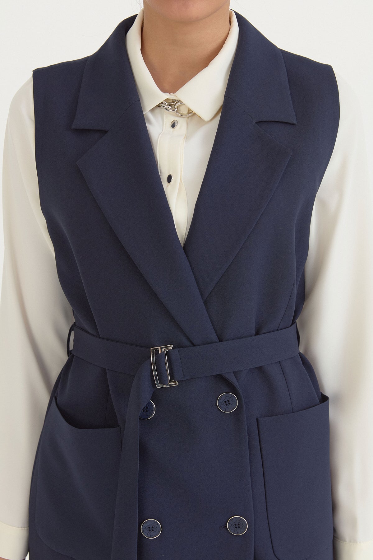 Kuşaklı Blazer Yelek - Lacivert