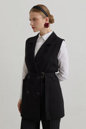 Kuşaklı Blazer Basic Yelek - Siyah