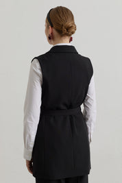 Kuşaklı Blazer Basic Yelek - Siyah