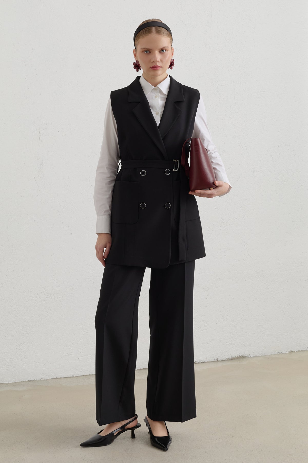 Kuşaklı Blazer Basic Yelek - Siyah
