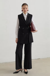 Kuşaklı Blazer Basic Yelek - Siyah