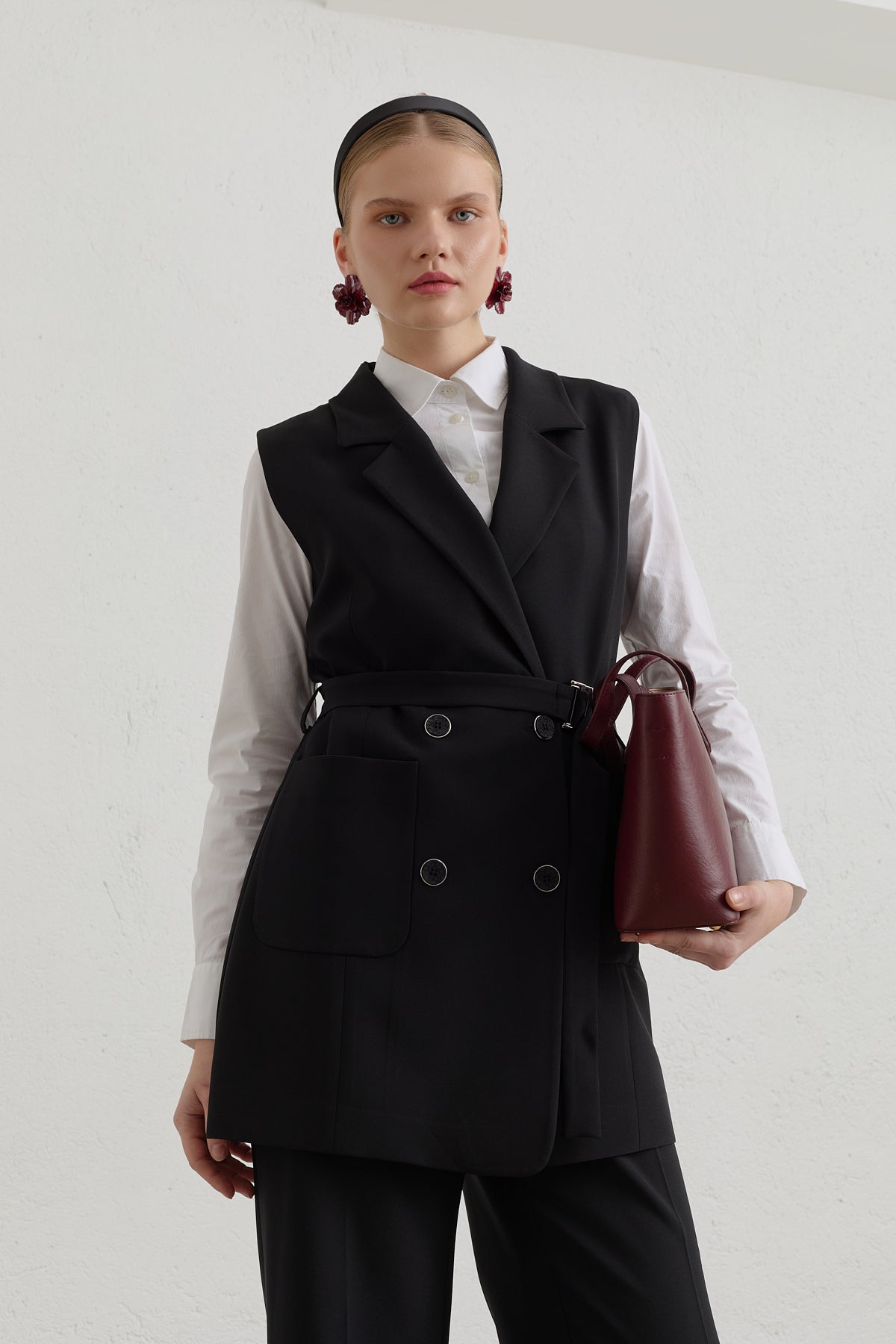 Kuşaklı Blazer Basic Yelek - Siyah