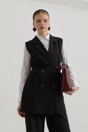 Kuşaklı Blazer Basic Yelek - Siyah