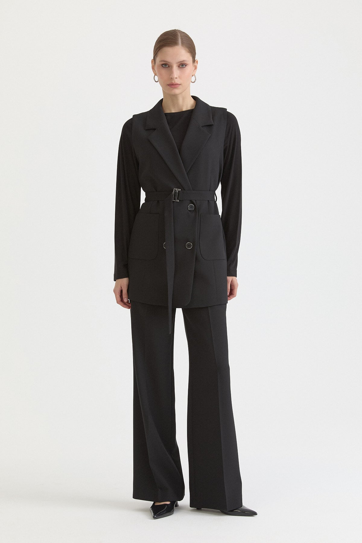 Kuşaklı Blazer Yelek - Siyah