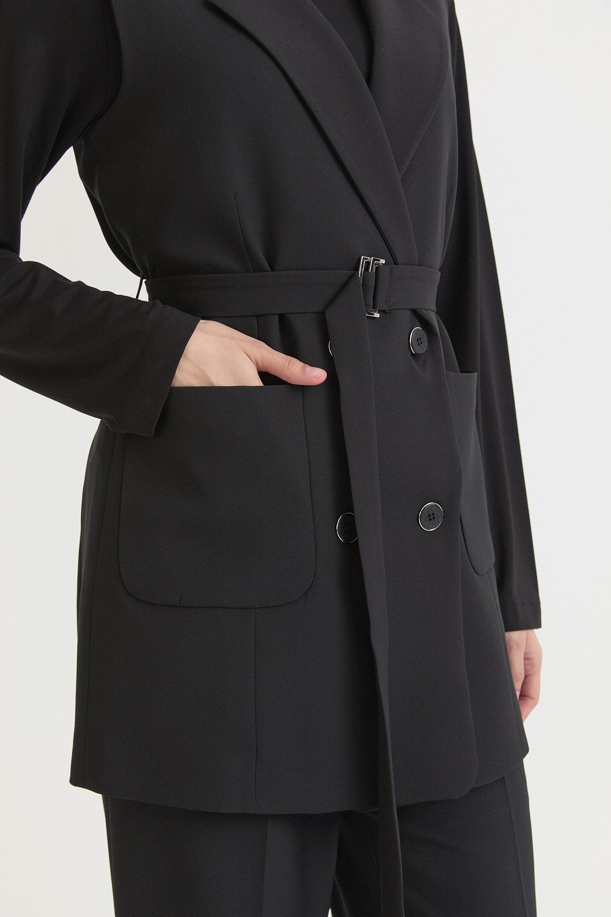 Kuşaklı Blazer Yelek - Siyah