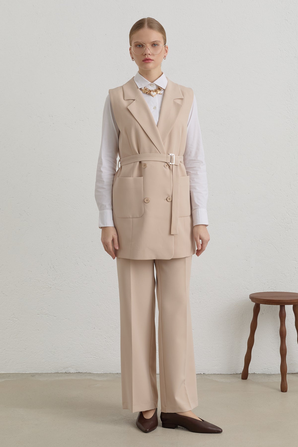 Belted Basic Blazer Vest - Stone