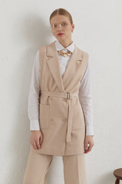 Belted Basic Blazer Vest - Stone