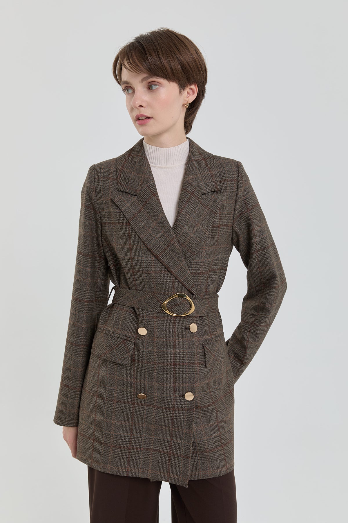 Belted Plaid Double-Breasted Jacket - Brown