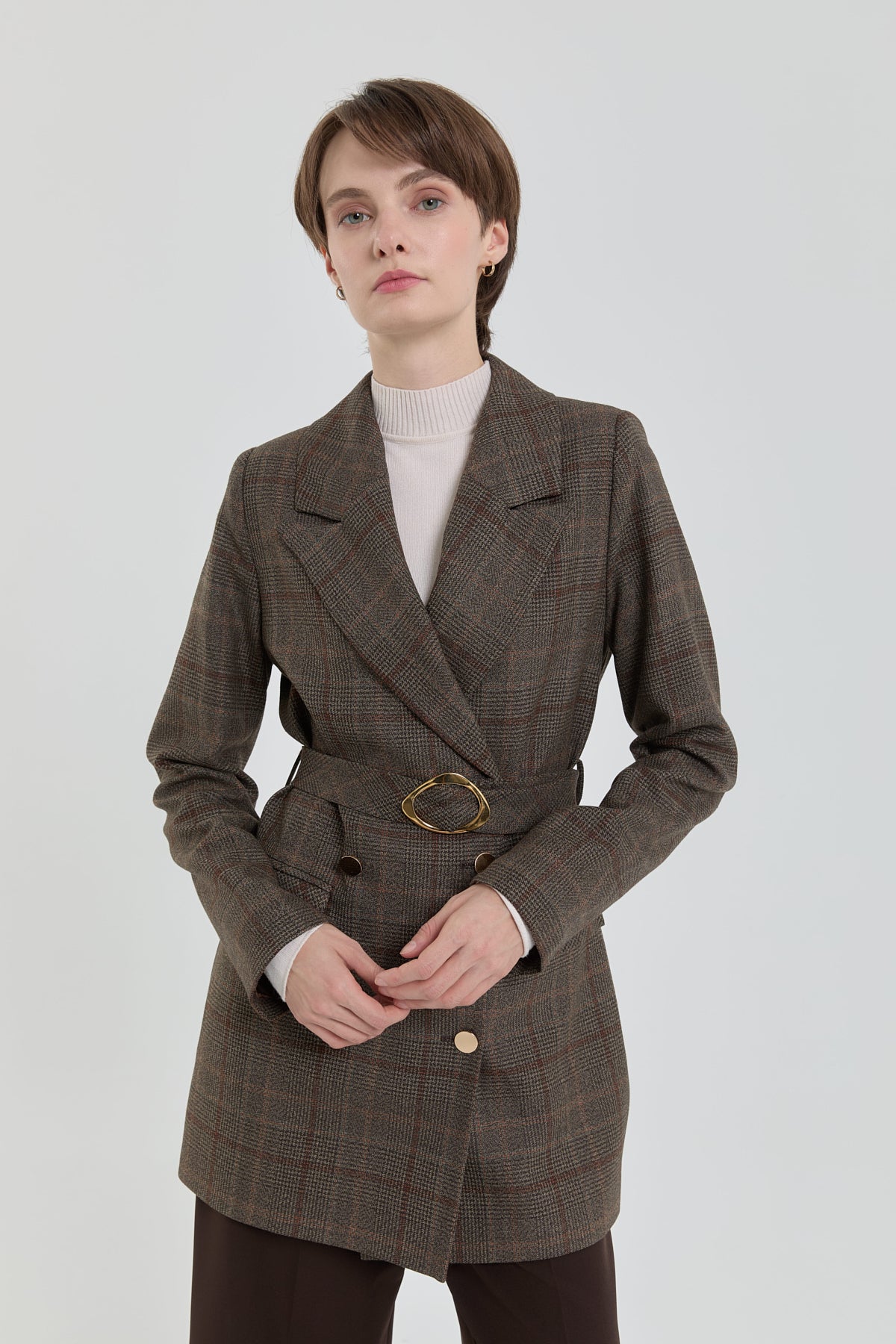 Belted Plaid Double-Breasted Jacket - Brown