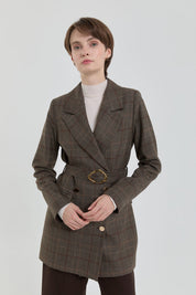 Belted Plaid Double-Breasted Jacket - Brown