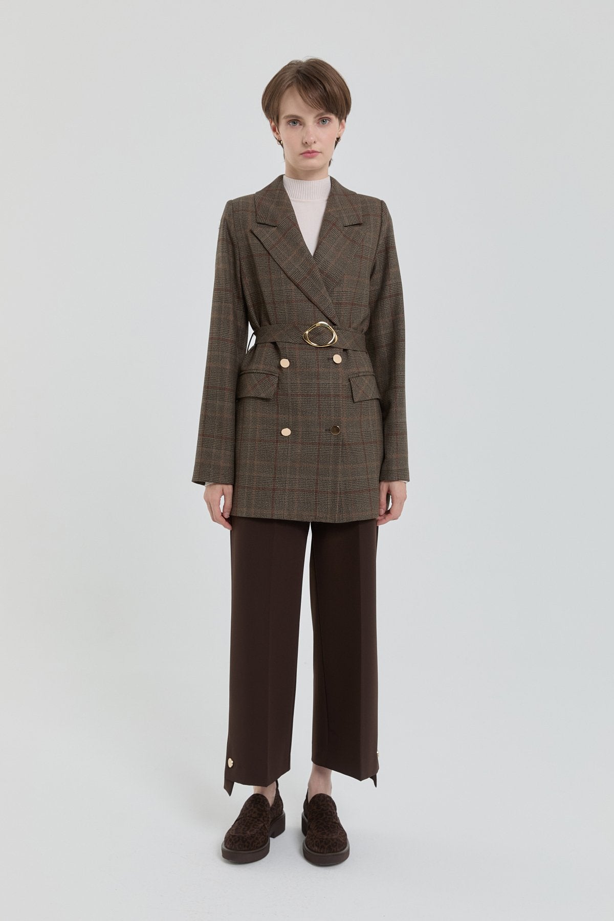 Belted Plaid Double-Breasted Jacket - Brown