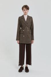 Belted Plaid Double-Breasted Jacket - Brown