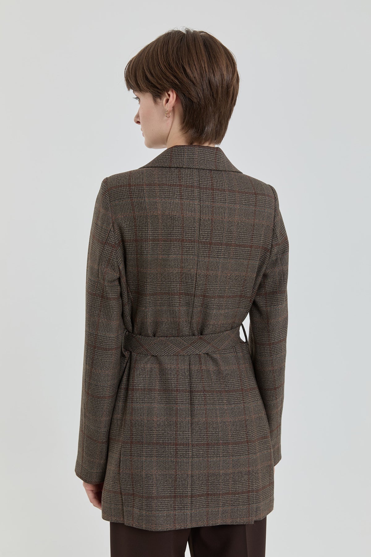 Belted Plaid Double-Breasted Jacket - Brown