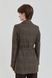 Belted Plaid Double-Breasted Jacket - Brown