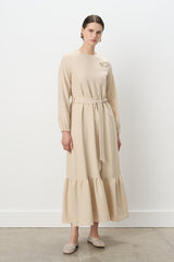 Belted Shirred Dress - Beige