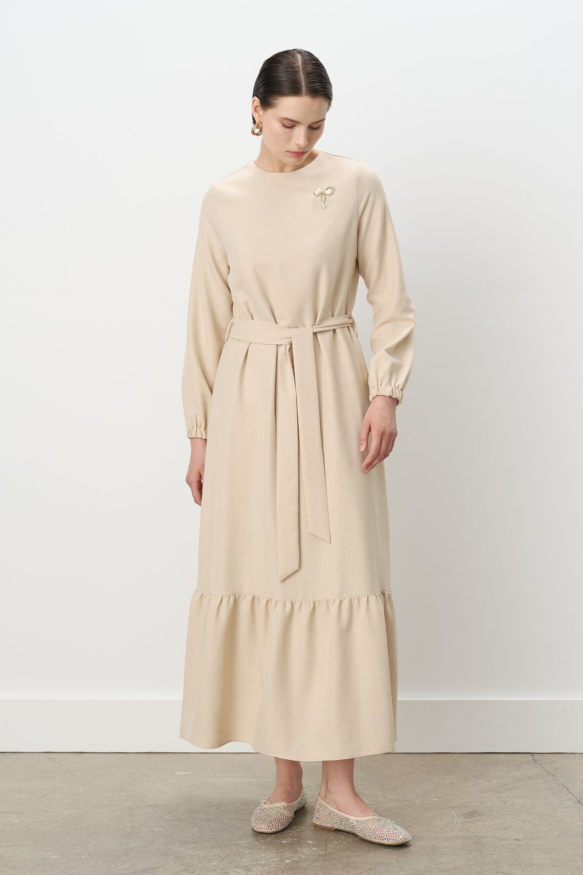 Belted Shirred Dress - Beige