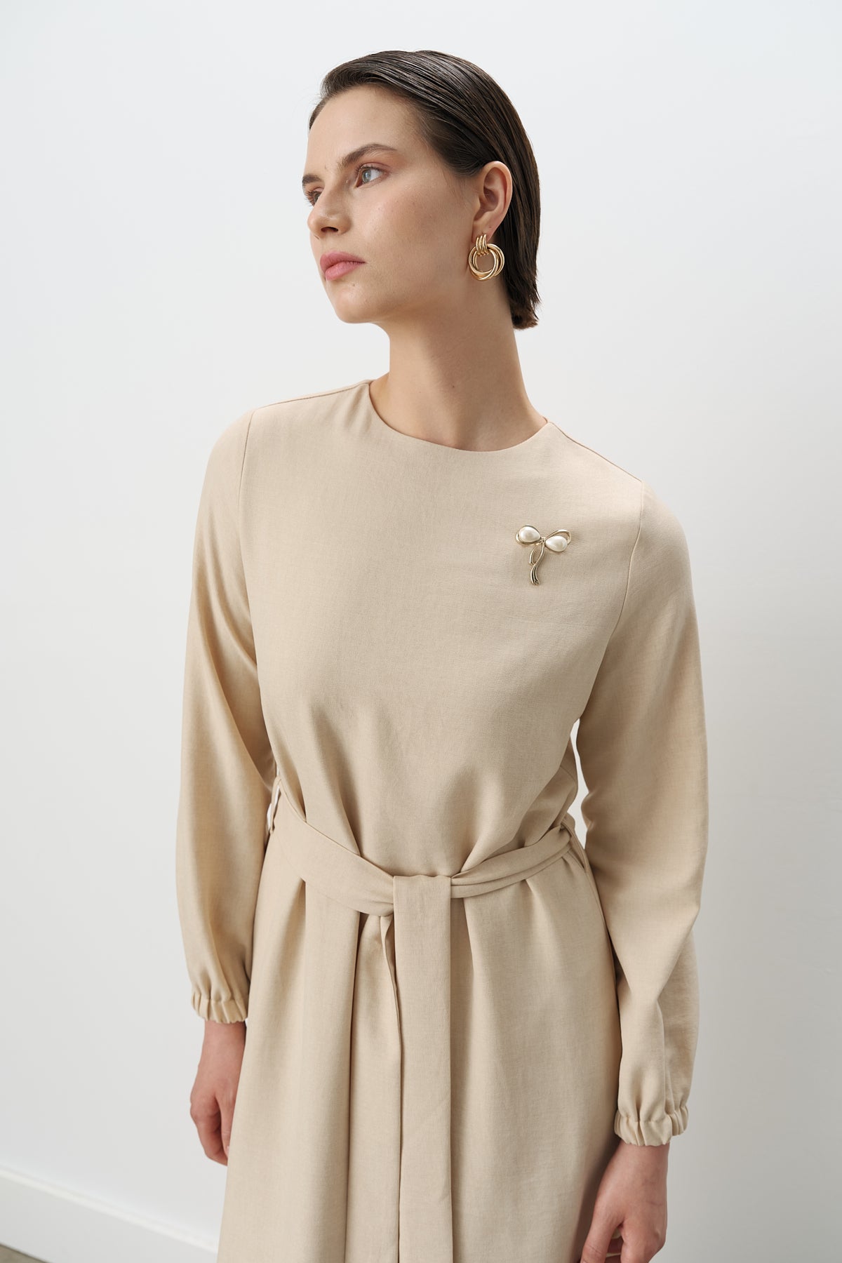 Belted Shirred Dress - Beige