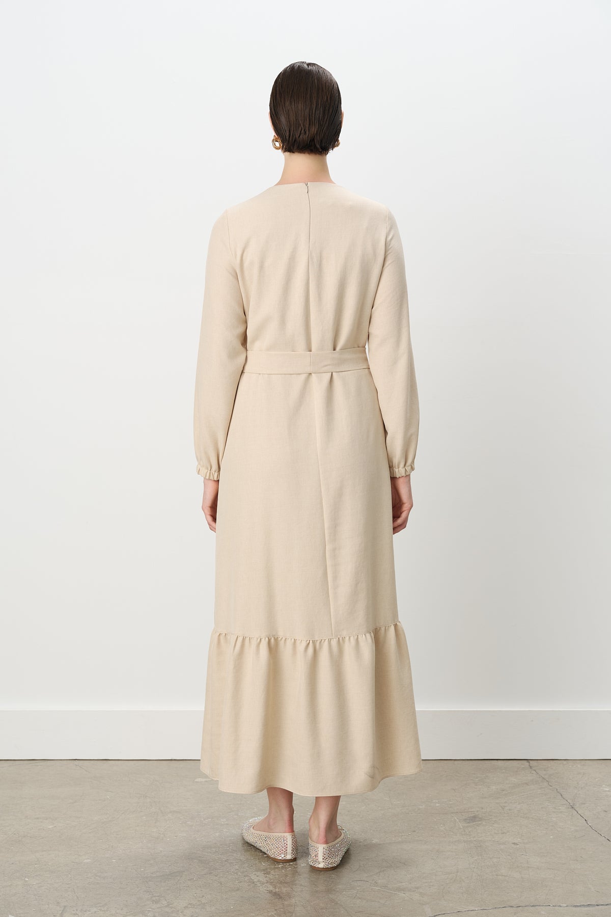 Belted Shirred Dress - Beige