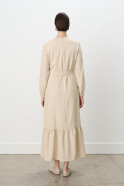 Belted Shirred Dress - Beige