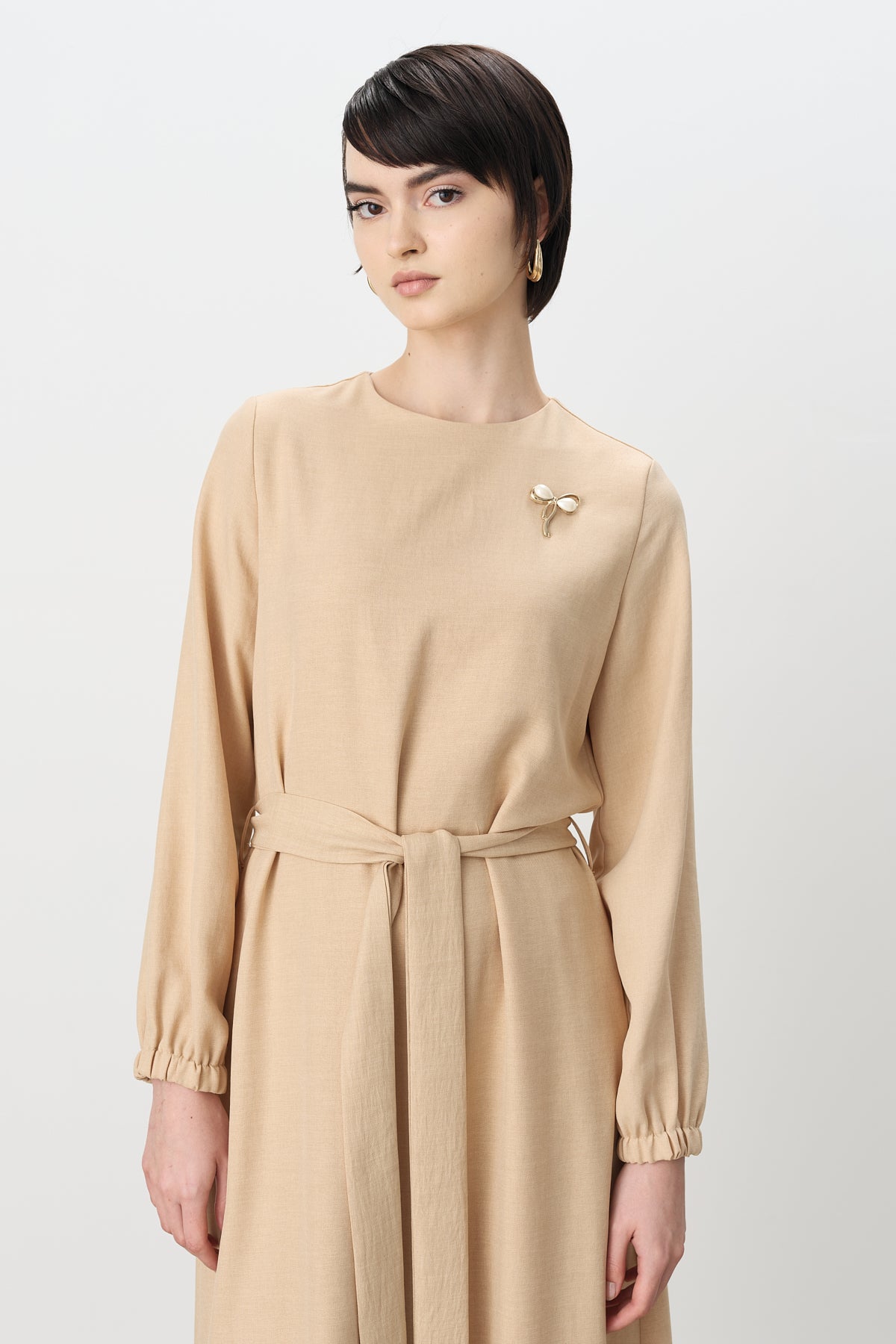 Belted Gathered Skirt Dress - Camel