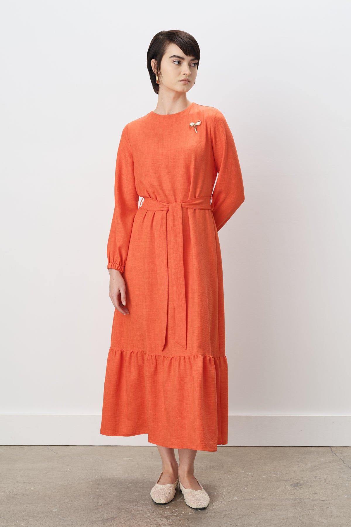 Belted Shirred Dress - Orange