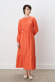 Belted Shirred Dress - Orange