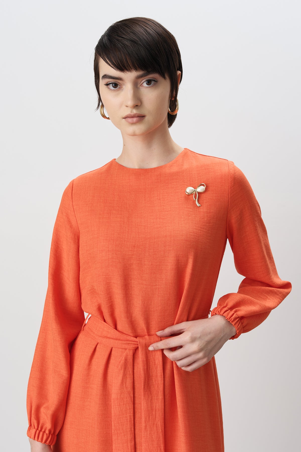 Belted Shirred Dress - Orange