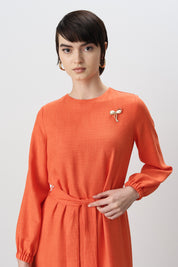 Belted Shirred Dress - Orange