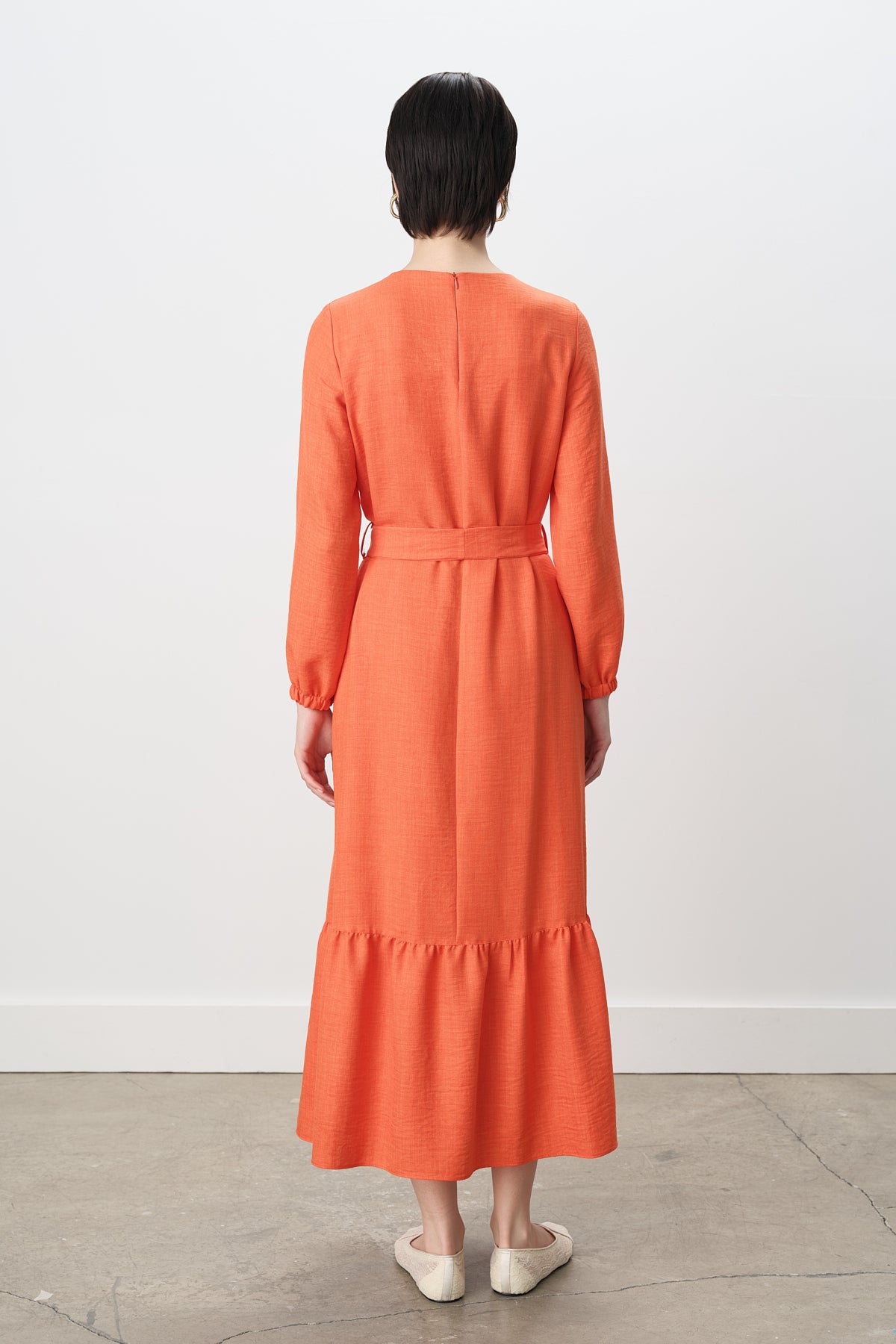 Belted Shirred Dress - Orange