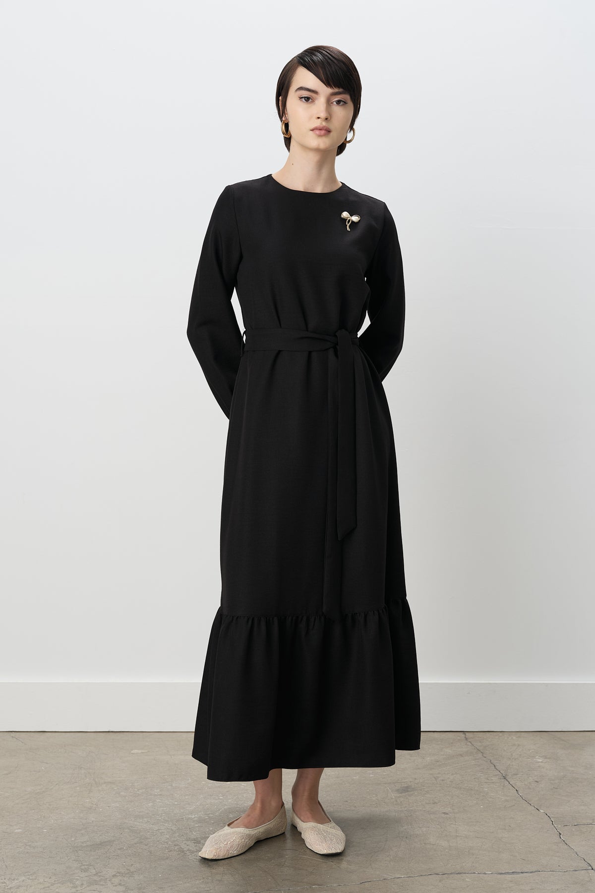 Belted Shirred Dress - Black