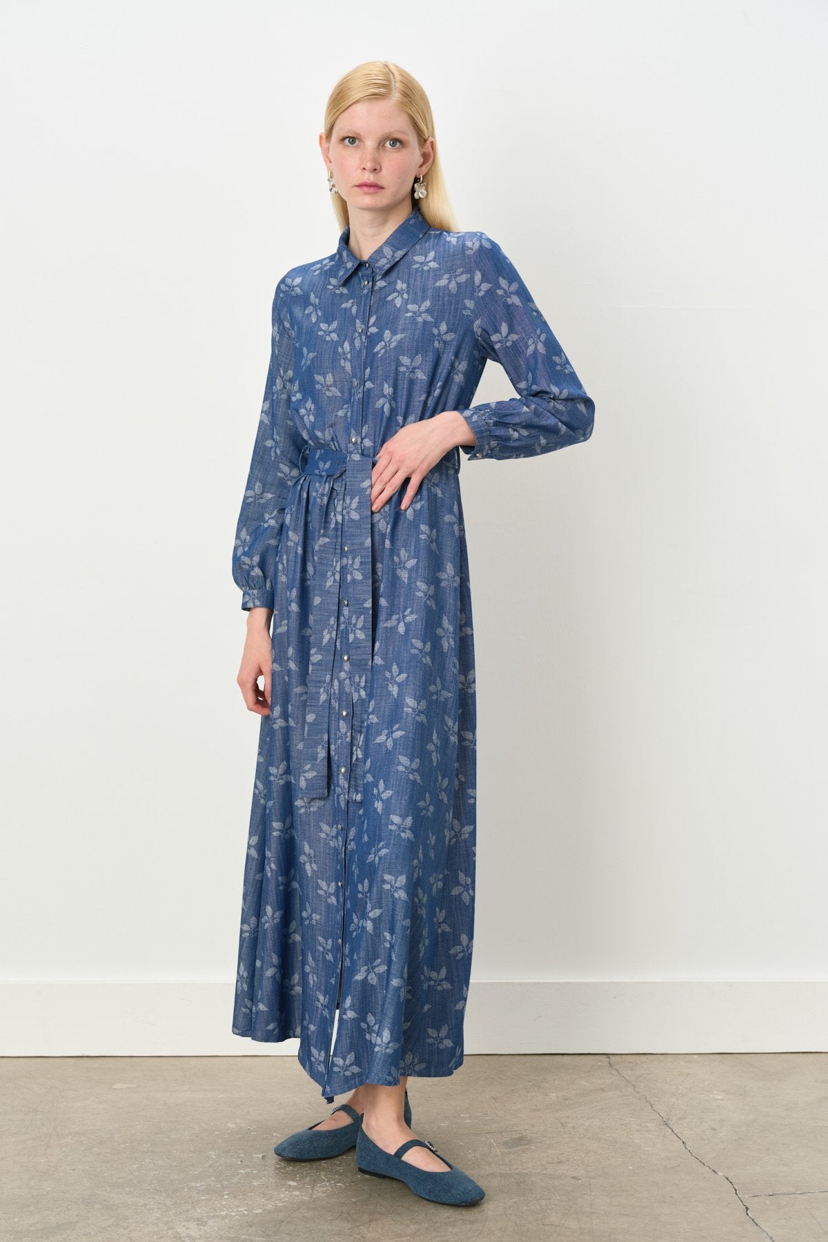 Belted Shirt Collar Viscose Dress - Indigo