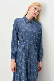 Belted Shirt Collar Viscose Dress - Indigo