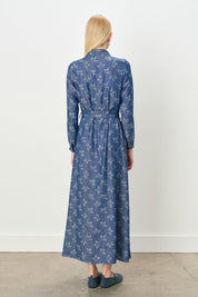 Belted Shirt Collar Viscose Dress - Indigo