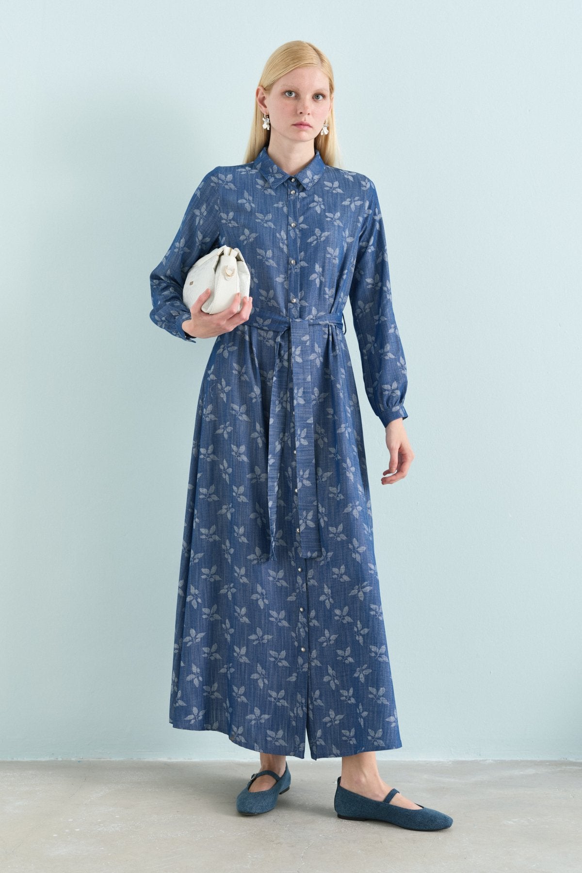 Belted Shirt Collar Viscose Dress - Indigo