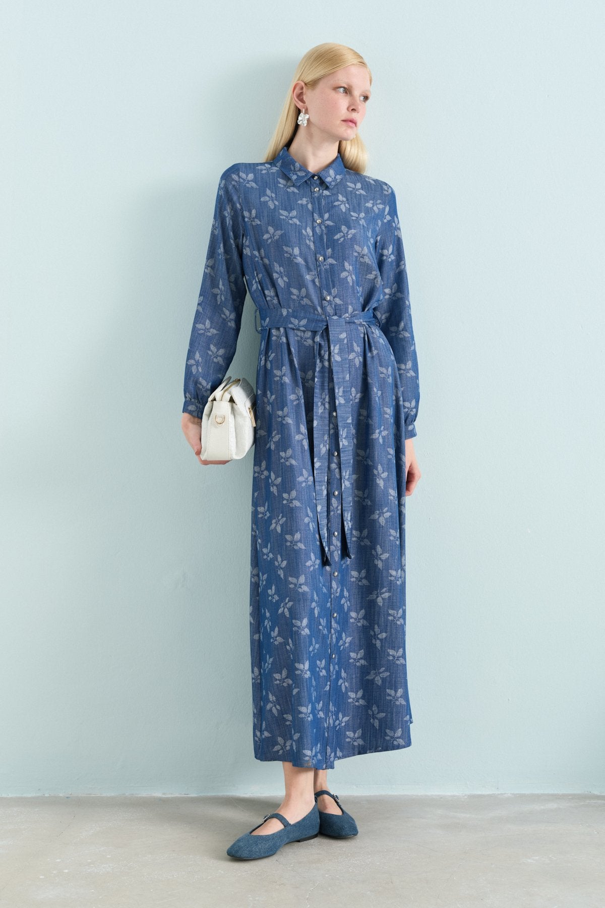 Belted Shirt Collar Viscose Dress - Indigo