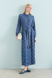 Belted Shirt Collar Viscose Dress - Indigo