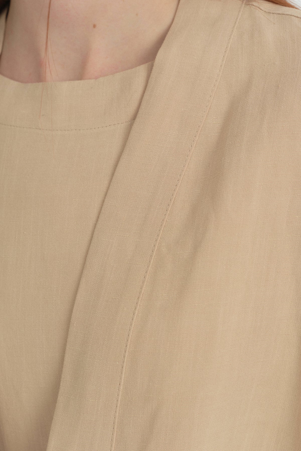 Kuşaklı Keten Kısa Kimono - Bej