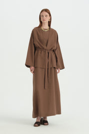 Kuşaklı Keten Kısa Kimono - Kahve